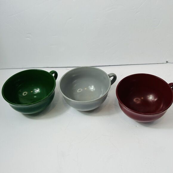 Hazel Atlas Platonite Ovide Coffee Tea Cups Set 3 Gray Burgundy Dark Green READ - Picture 4 of 7